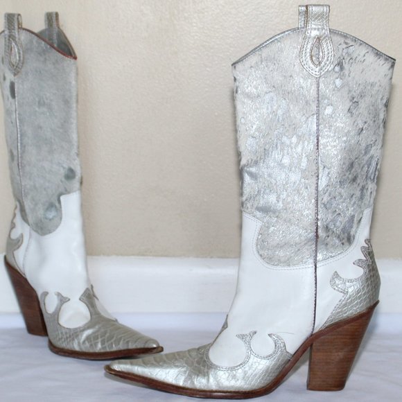 Para Raio White Silver Leather Pointed Toe Brazilian Cowgirl Boots Women's 10M - Picture 4 of 16